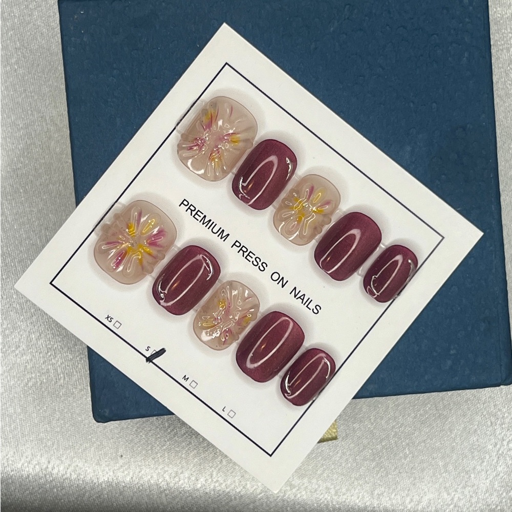 Premium Burgundy Floral Press-On Nail Set size S